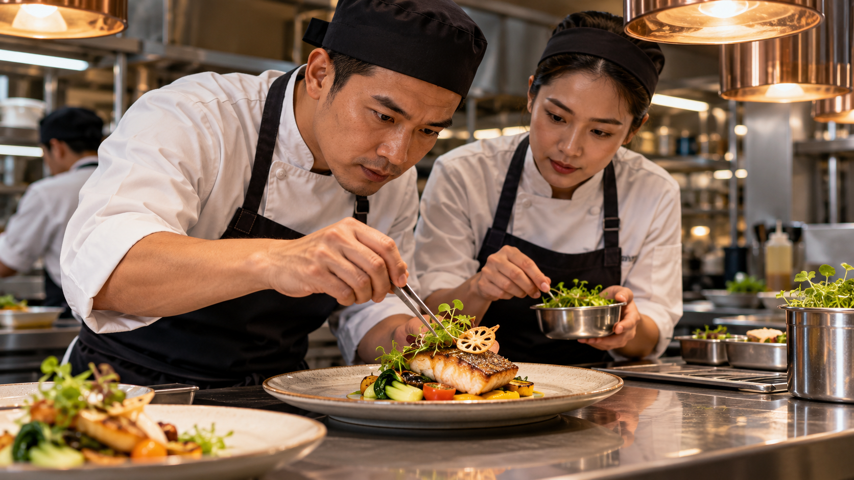 Two chefs working together to plate a fish dish