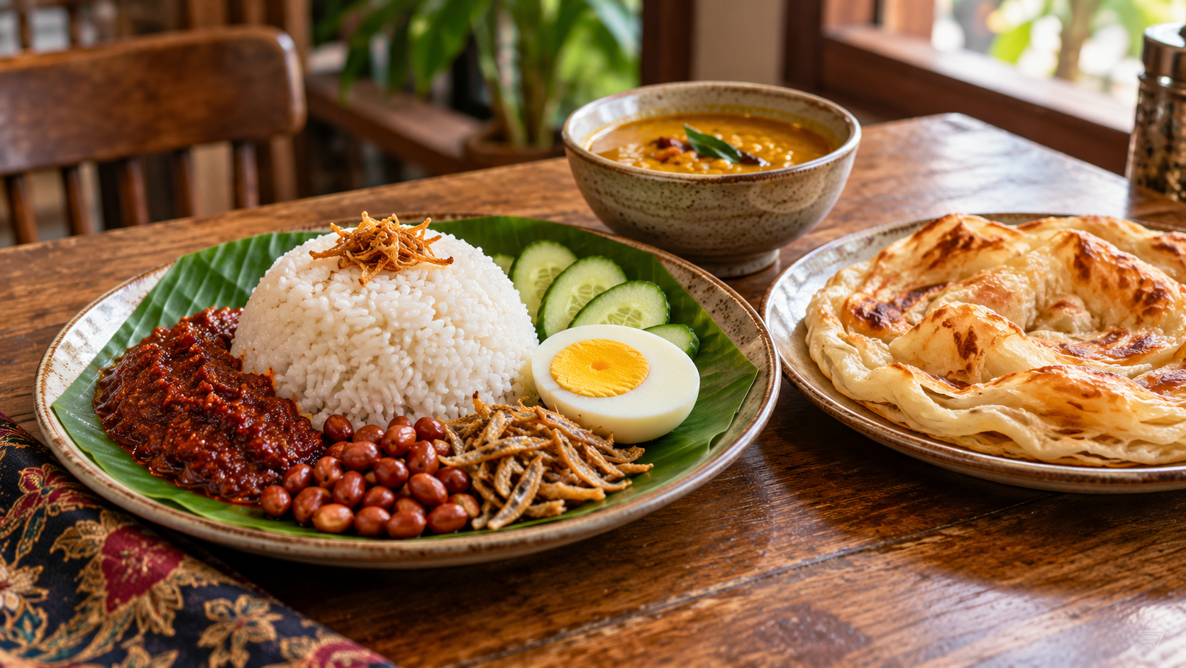 Nasi lemak with sambal, egg and cucumber served beside roti canai and dhal.