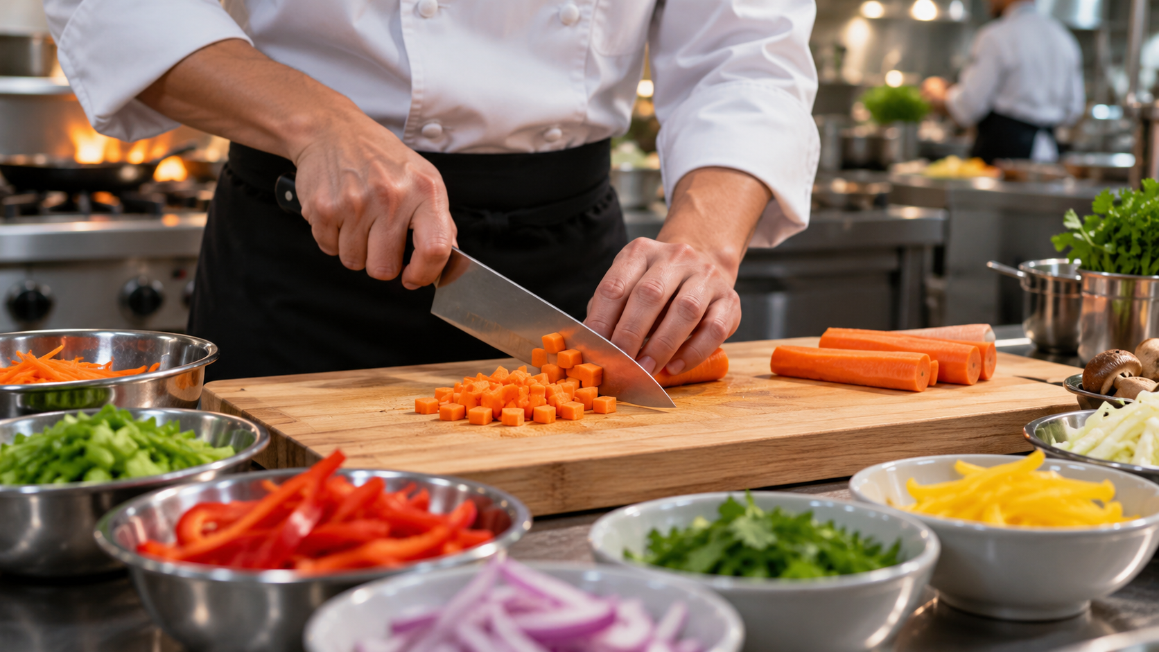 Close-up of a chef cutting carrots beside bowls of prepared vegetables.